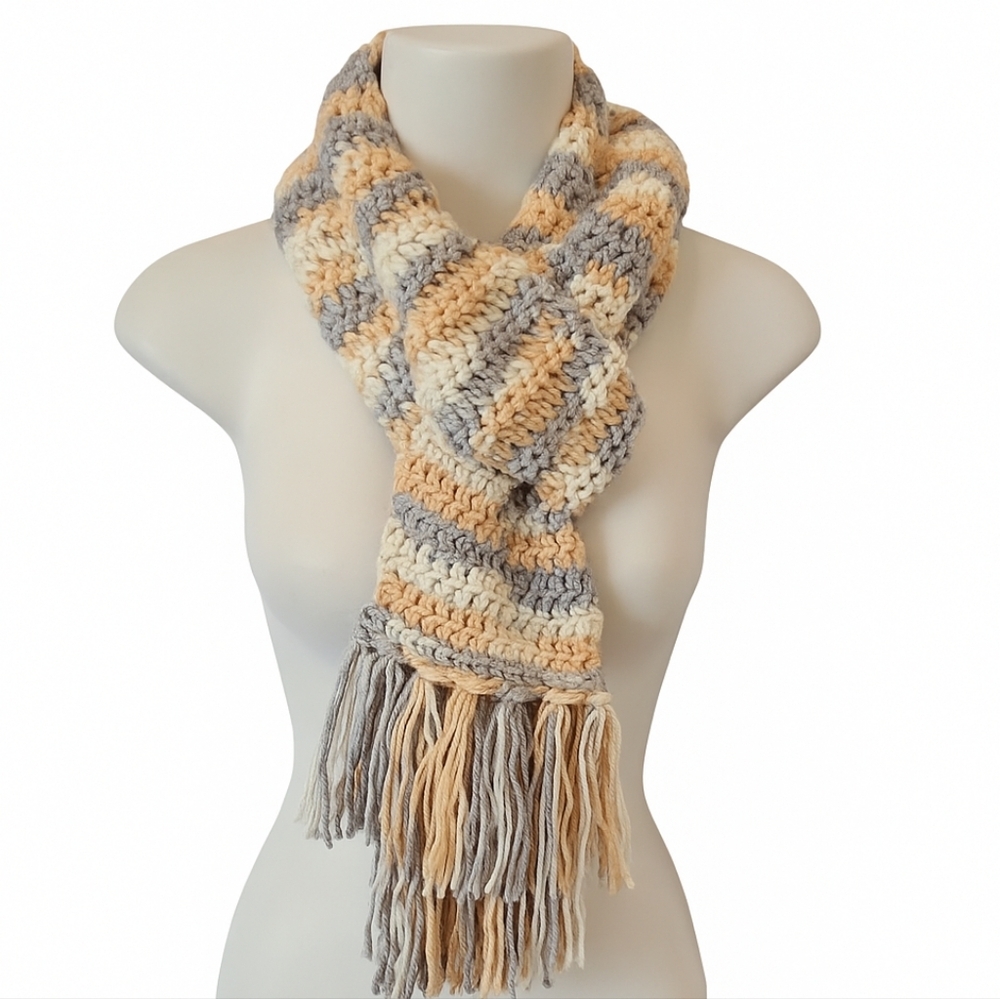 Handmade Crochet Scarf Gray Cream  Brown Upcycled Eco-Friendly Hand Knit Artisan - Picture 17 of 17